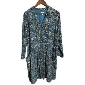 Garnet Hill Bohemian Dropwaist Paisley Swirl Dress in Teal Blue Womans 14 NWOT